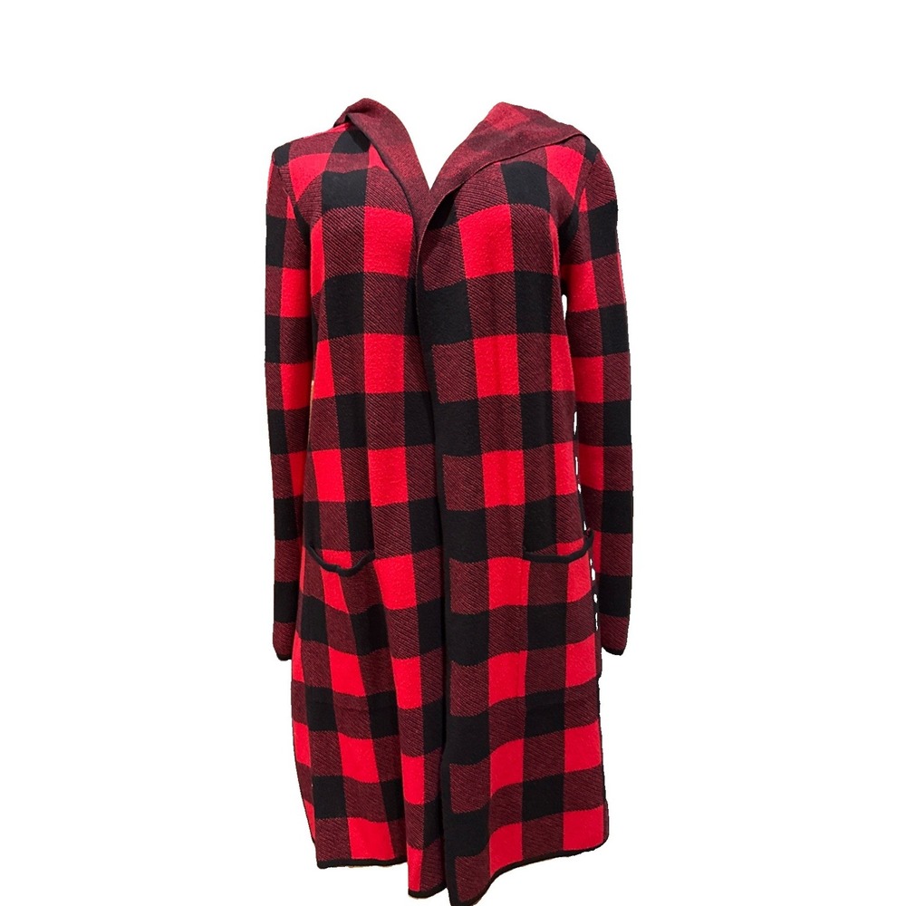 Belldini Hooded Checkered Plaid Coatigan Sweater Red/Black Size Small